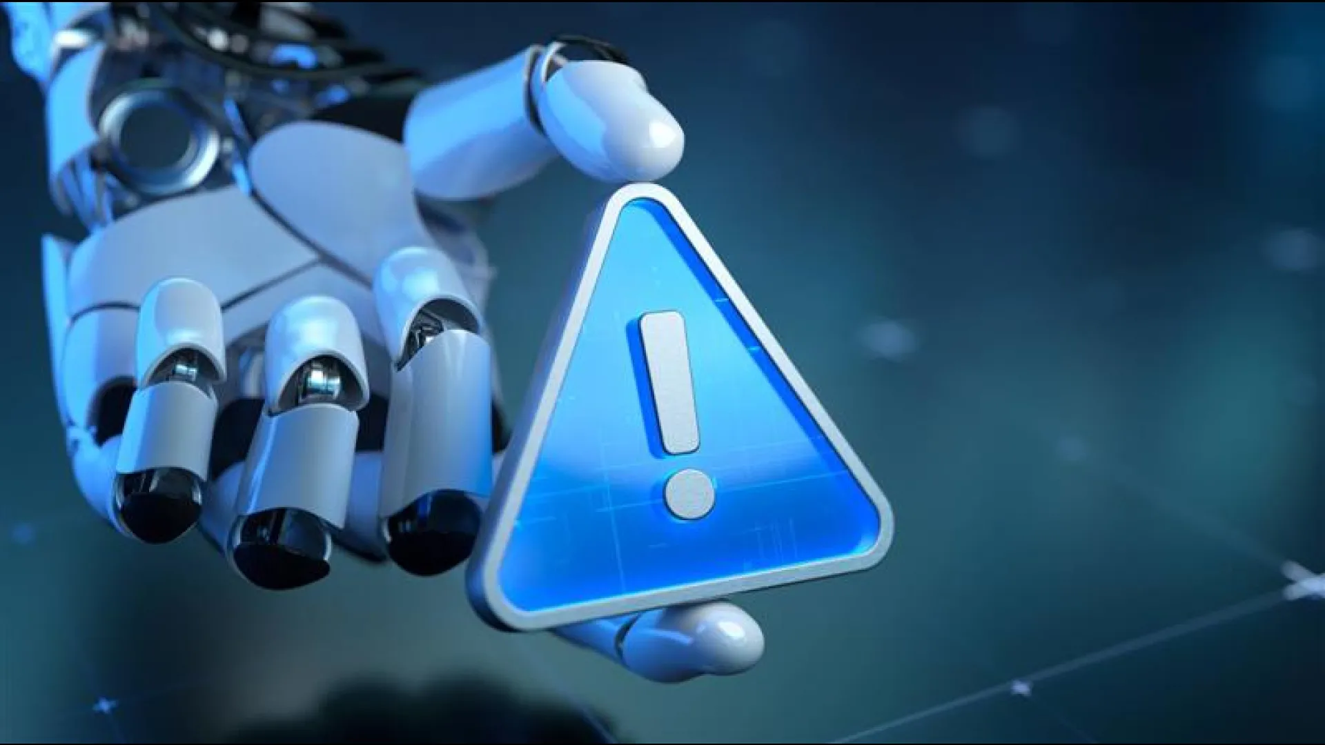 robotic hand holding a warn sign 